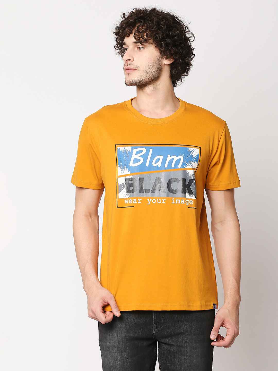 Buy Men's Comfort fit Mustard Yellow Chest print T-shirt