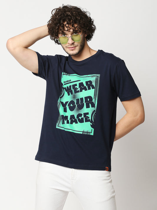 Buy Men's Comfort fit Navy Blue Chest print T-shirt.