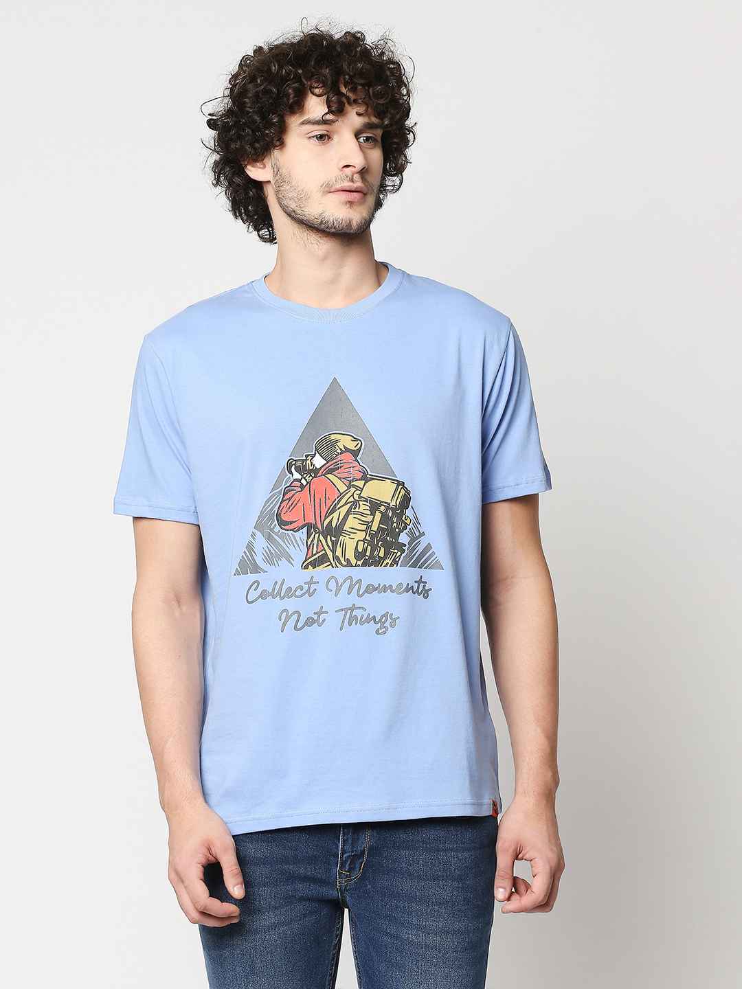Buy Men's Powder blue Comfort fit T-shirt with chest print.