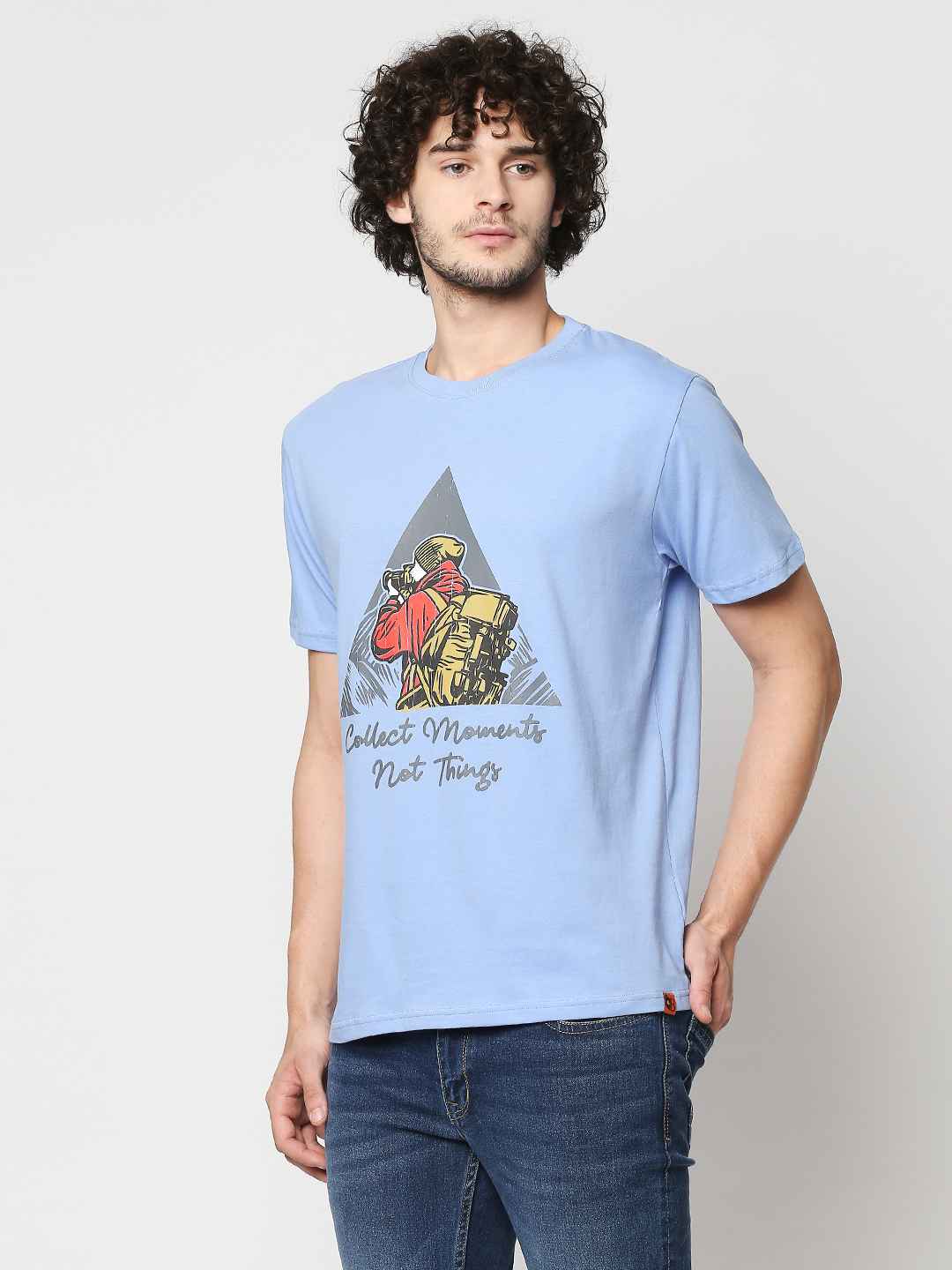 Buy Men's Powder blue Comfort fit T-shirt with chest print.
