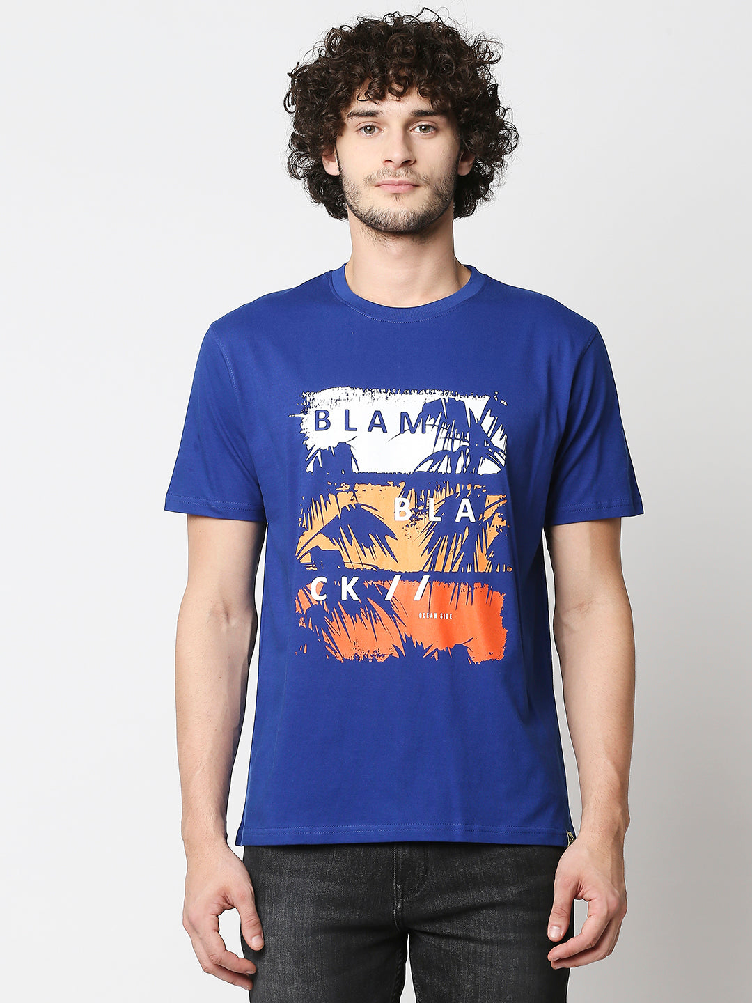 Buy BLAMBLACK Men Round neck T Shirt Royal Blue Color Printed Half sleeves