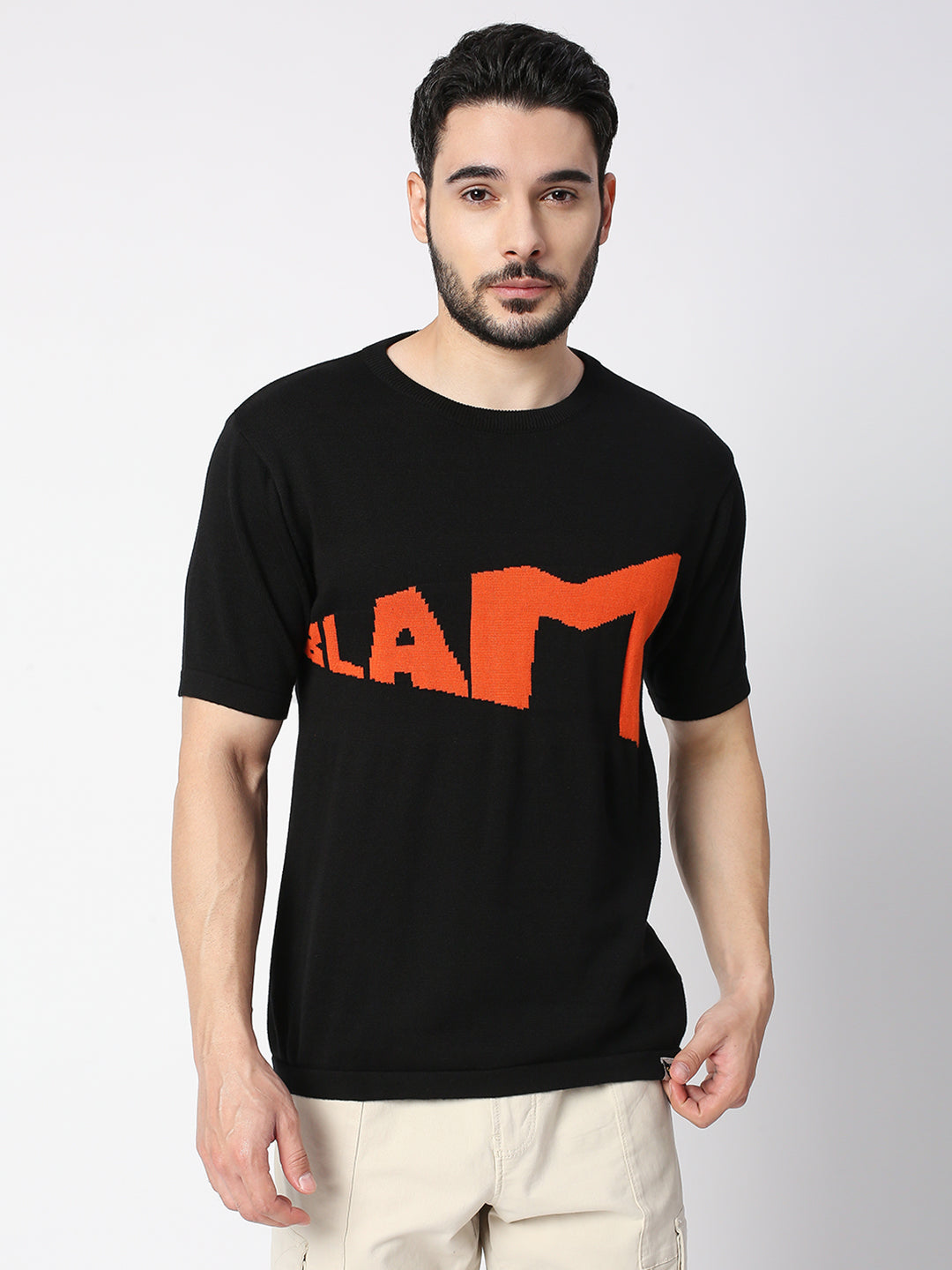 Buy Blamblack Black Knitted Half Sleeved T-shirt