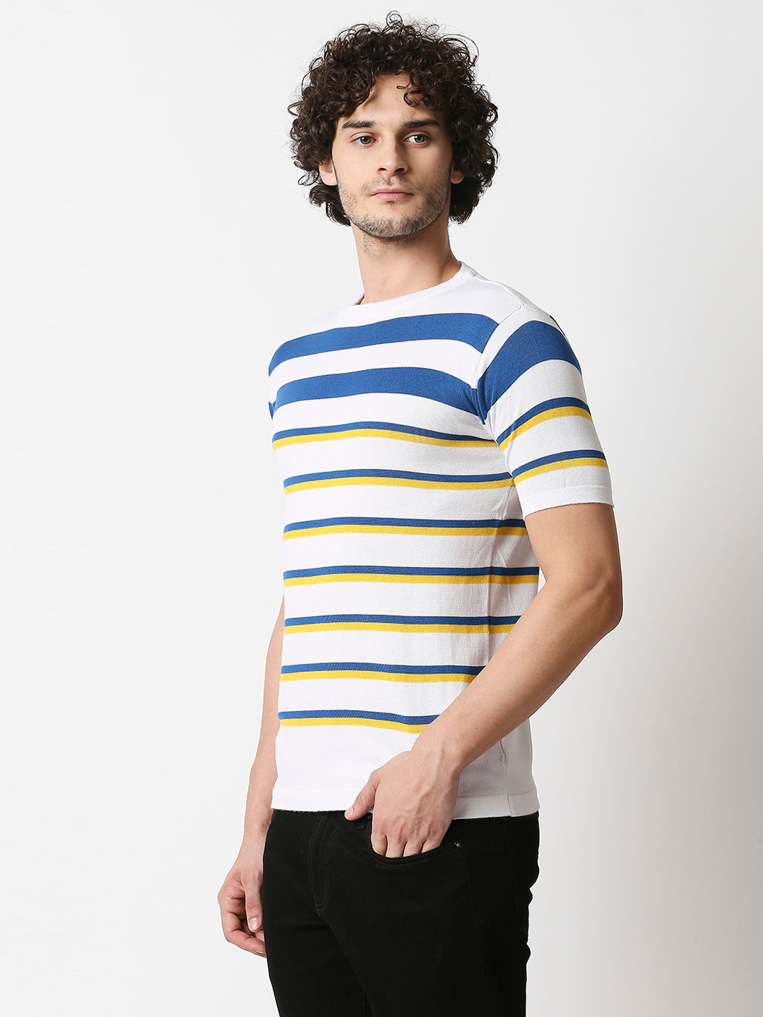 Buy Men's Blue, Yellow & White Strips Flat knit Slim Fit T-shirt