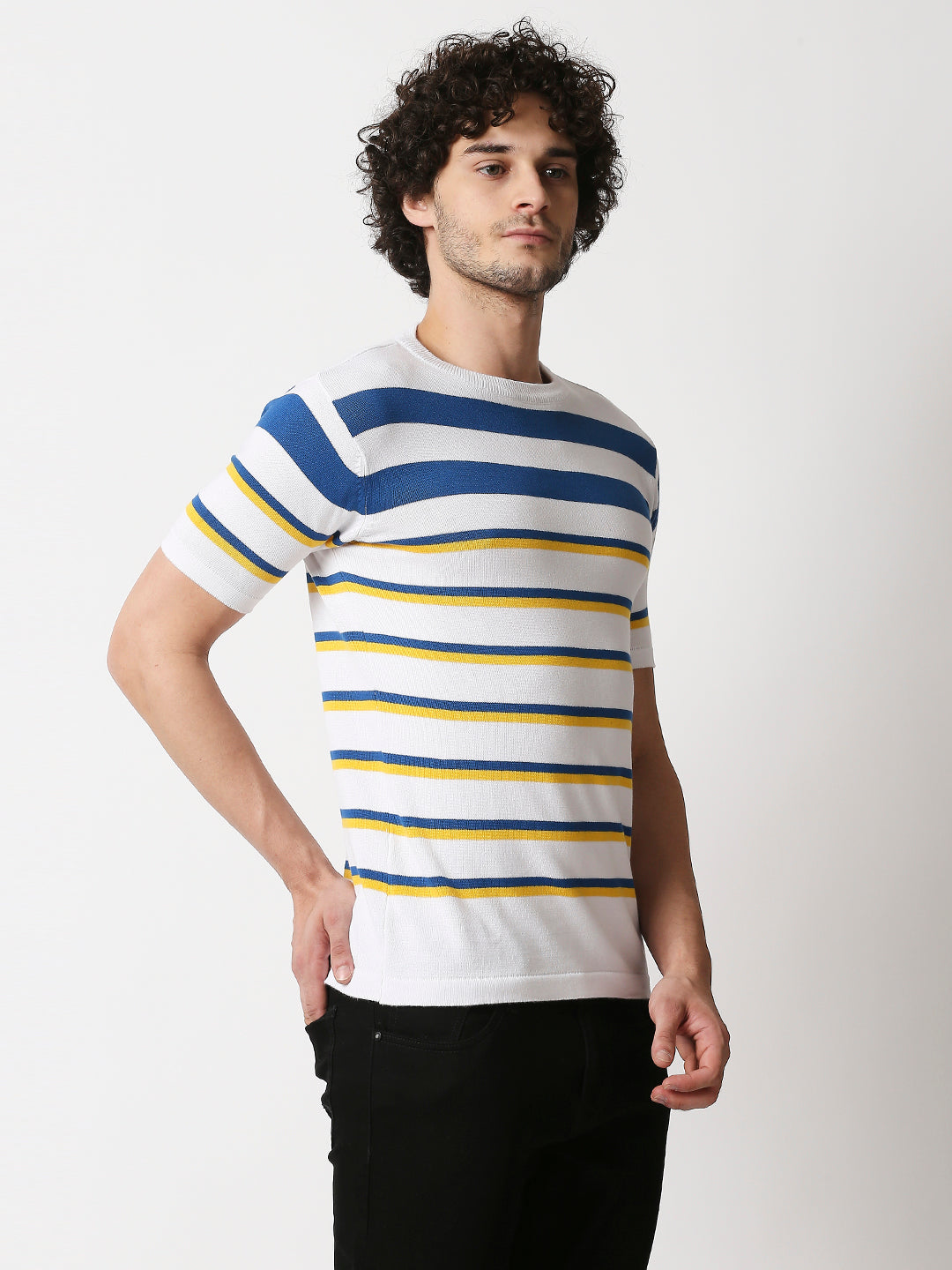 Buy Men's Blue, Yellow & White Strips Flat knit Slim Fit T-shirt