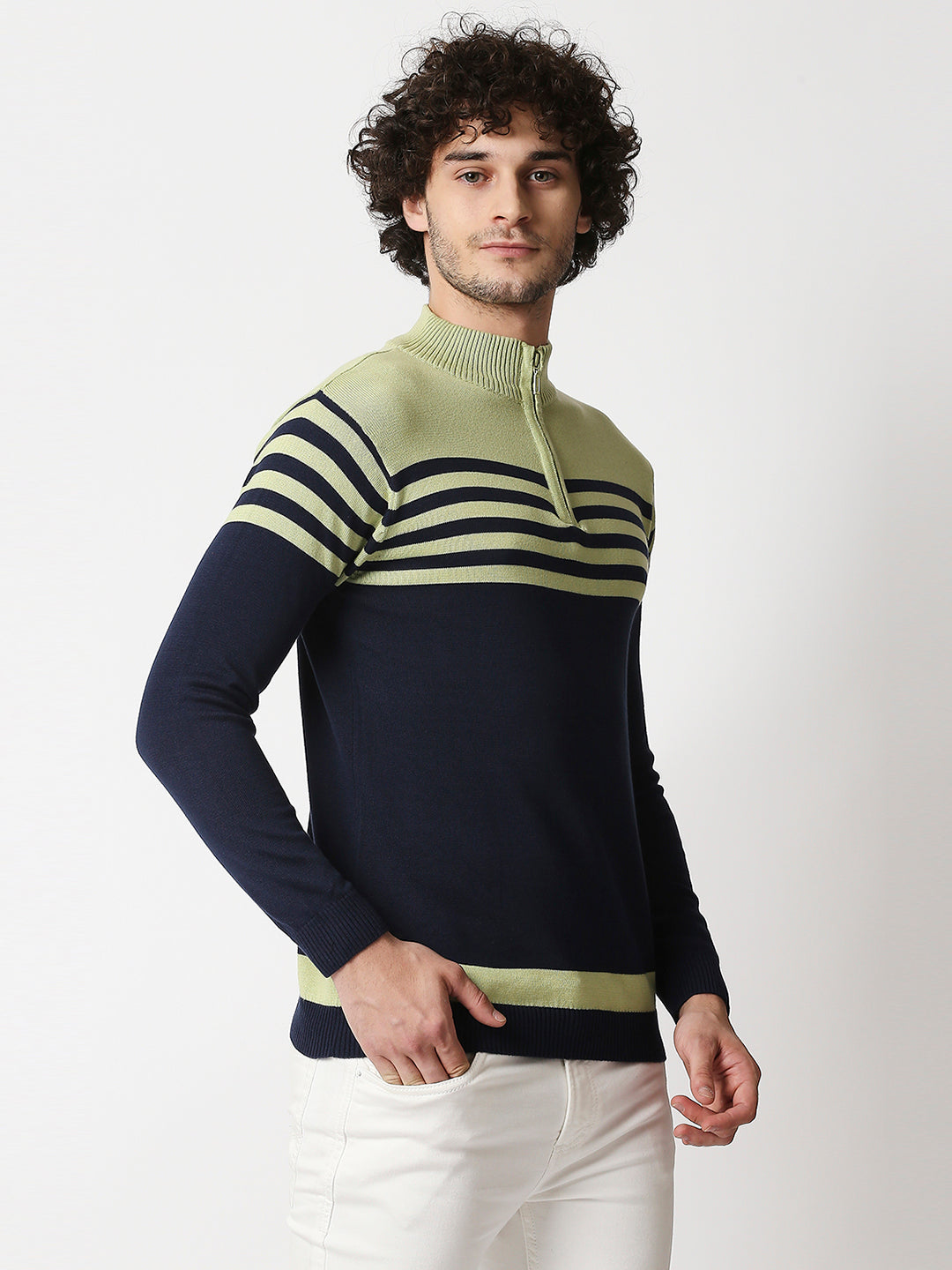 Buy Men's Green & Navy Blue Flat knit Zipper Full sleeves Slim Fit T-shirt