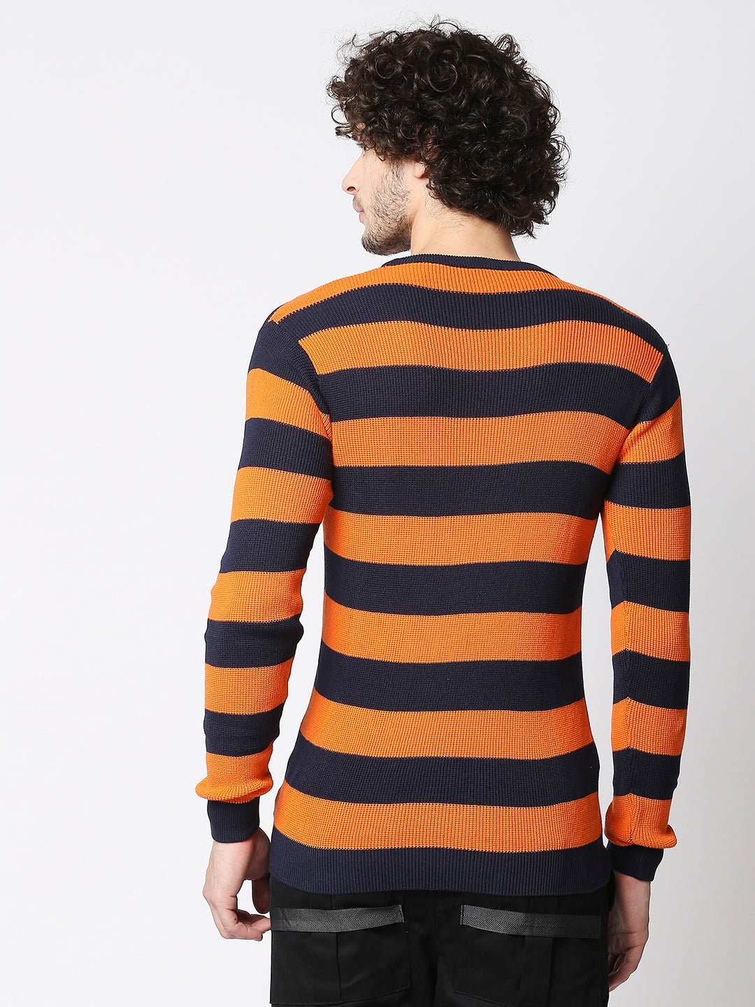 Buy Men's Flat Knit Orange And Navy Blue Slim Fit T-Shirt