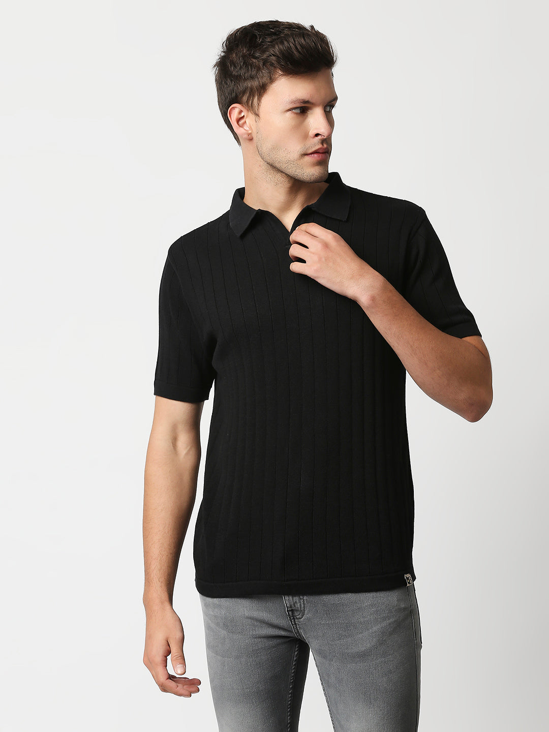 Buy Blamblack Men's Collar Flat Knit Half Sleeves Black Color T Shirt
