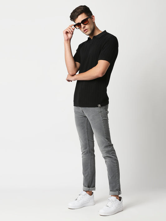 Buy Blamblack Men's Collar Flat Knit Half Sleeves Black Color T Shirt
