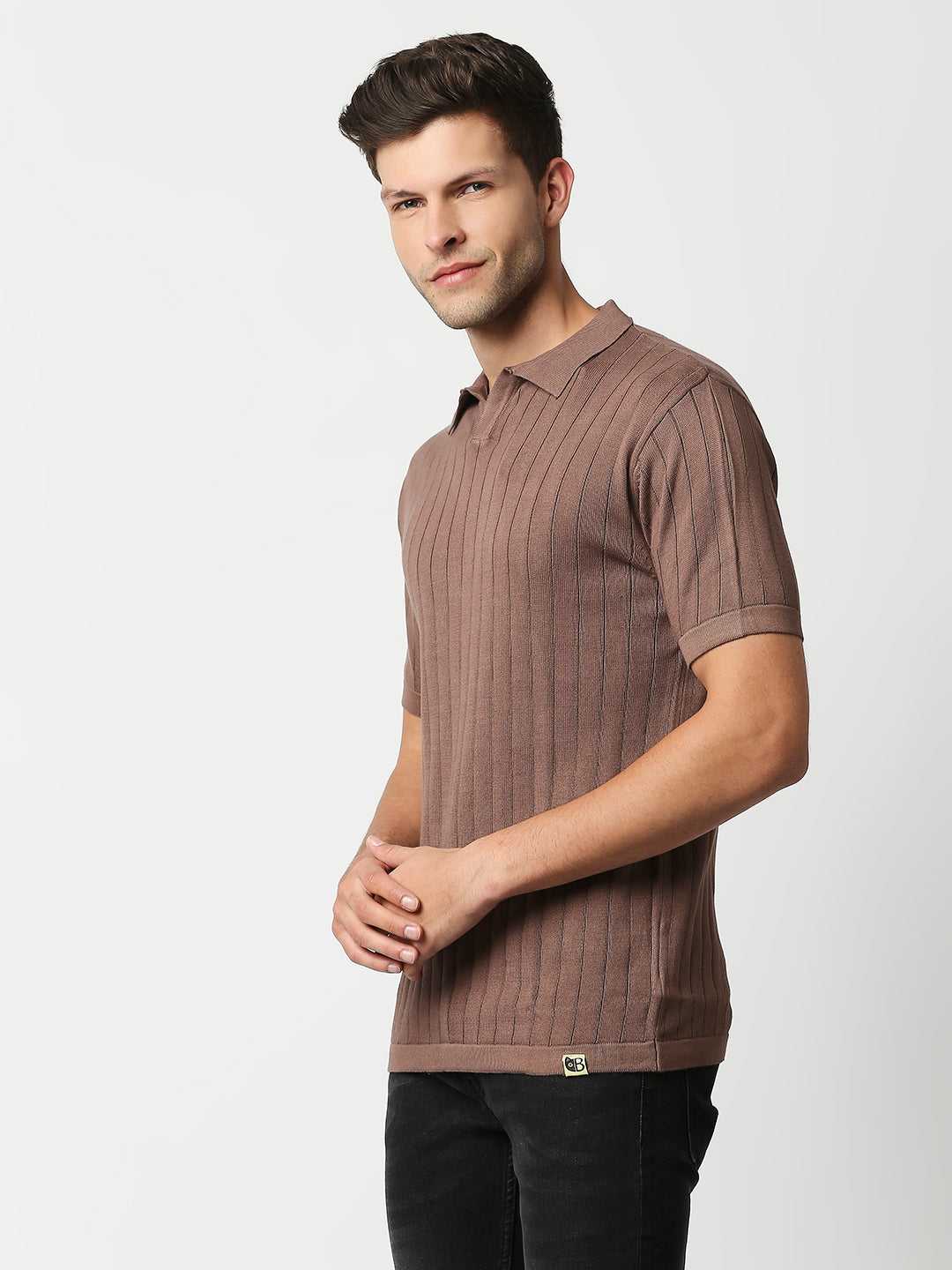 Buy Blamblack Men's collar Flat Knit Half Sleeves Brown Color T Shirt