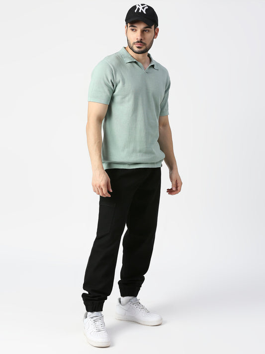 Buy Blamblack Solid Green Flat Knit Polo Tshirt
