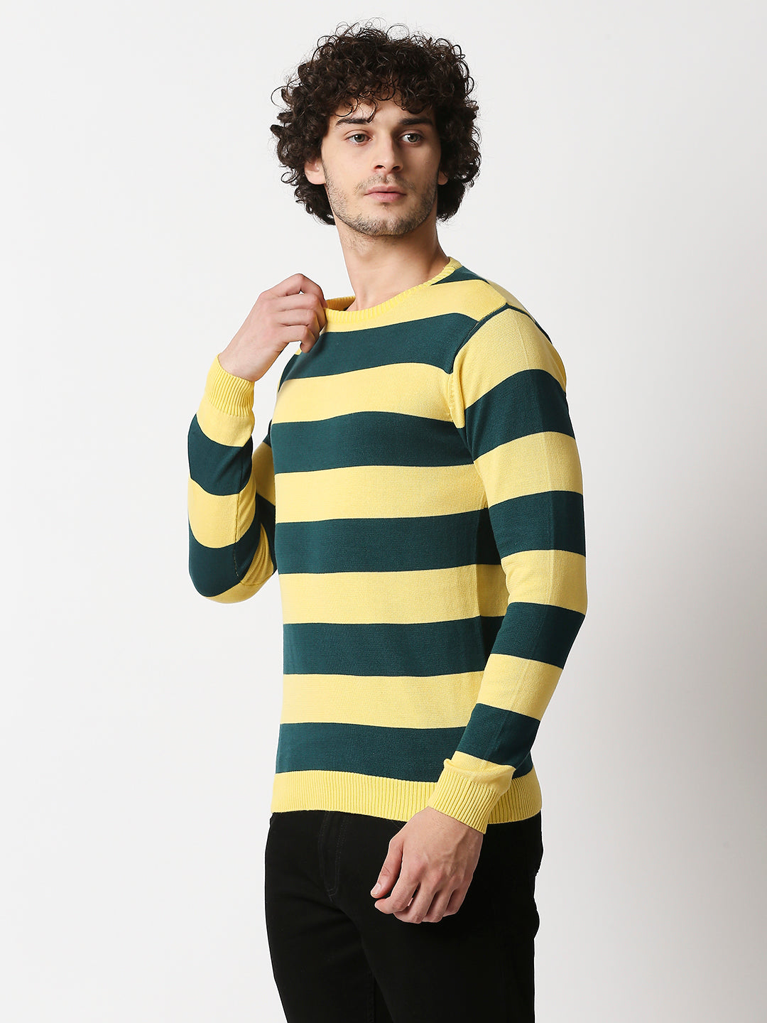 Buy Men's Yellow & Green Flat knit Full sleeves Slim Fit T-shirt