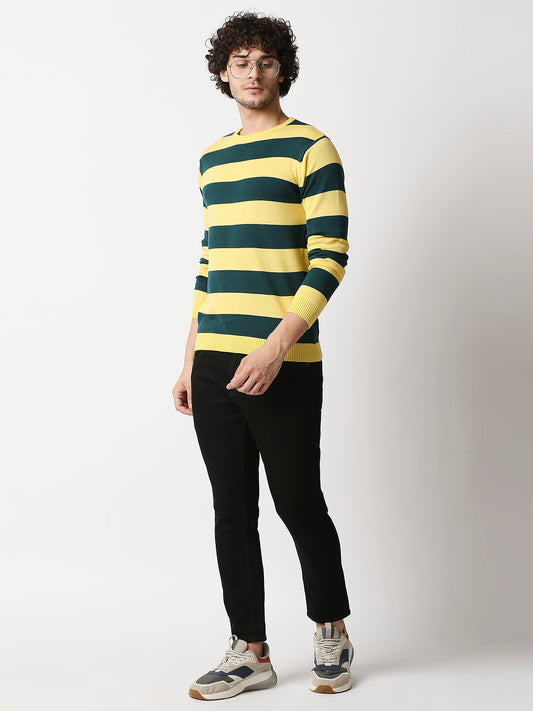 Buy Men's Yellow & Green Flat knit Full sleeves Slim Fit T-shirt