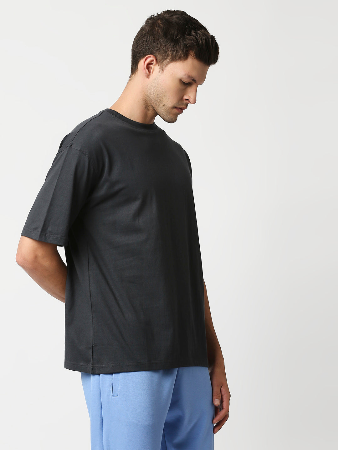 Buy Blamblack Men's Half Sleeves Dark Grey Plain Oversized T Shirt