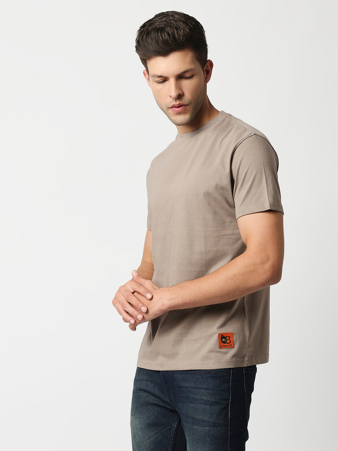Buy Blamblack Men's Beige Color Regular Plain T Shirt