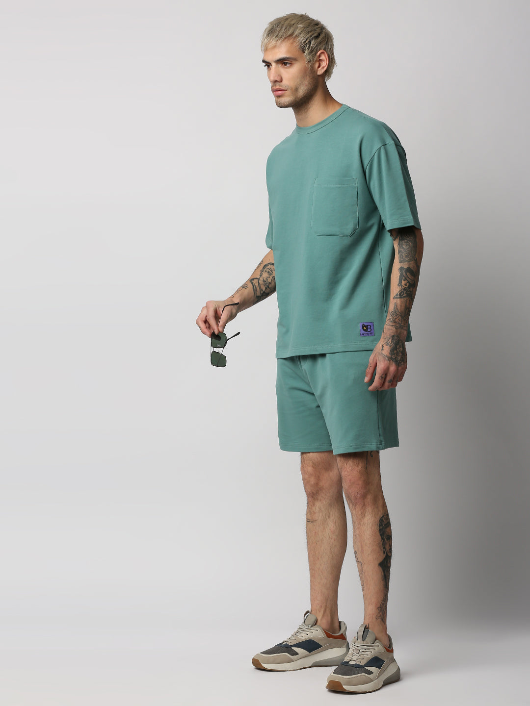Buy BLAMBLACK Men Round neck Set With Shorts Green Color Solid Half sleeves