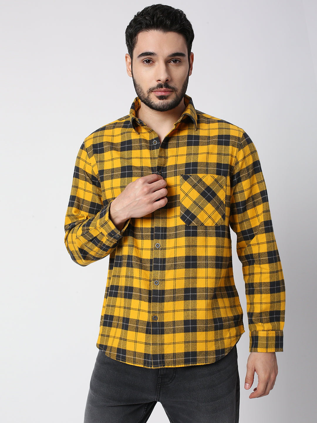 Buy Blamblack Checkered Yellow and Navy Blue plaid shirt.