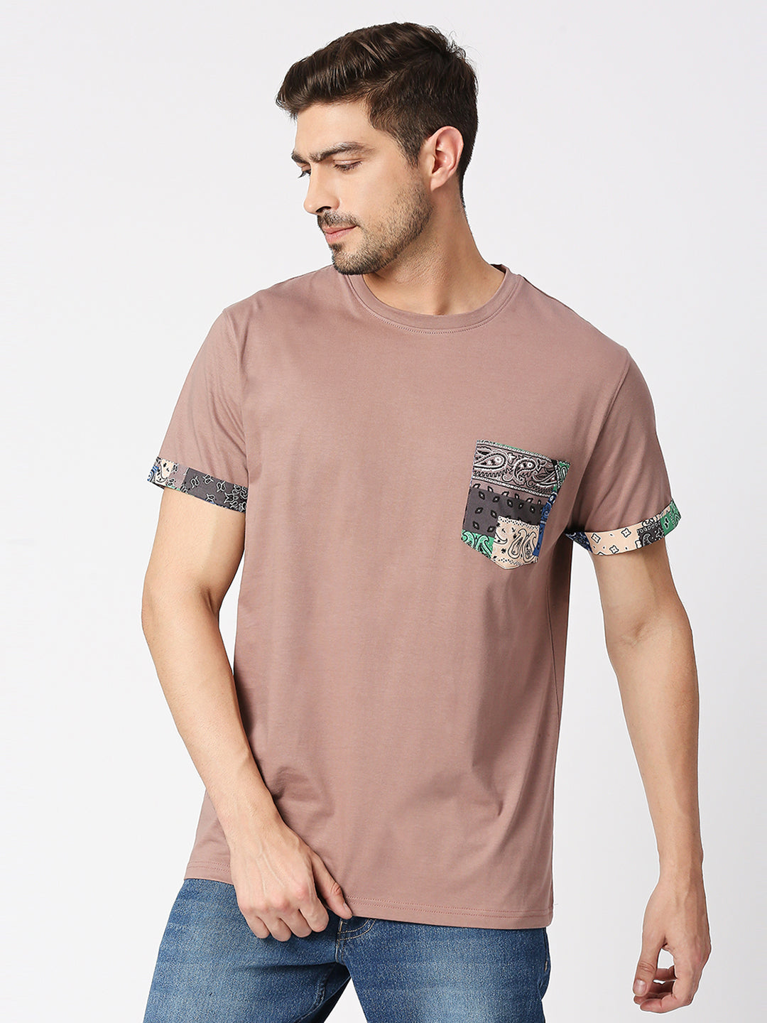 Buy BLAMBLACK Men's Textured Half Sleeves Regular Fit Round neck T-Shirt with Contrast Pocket