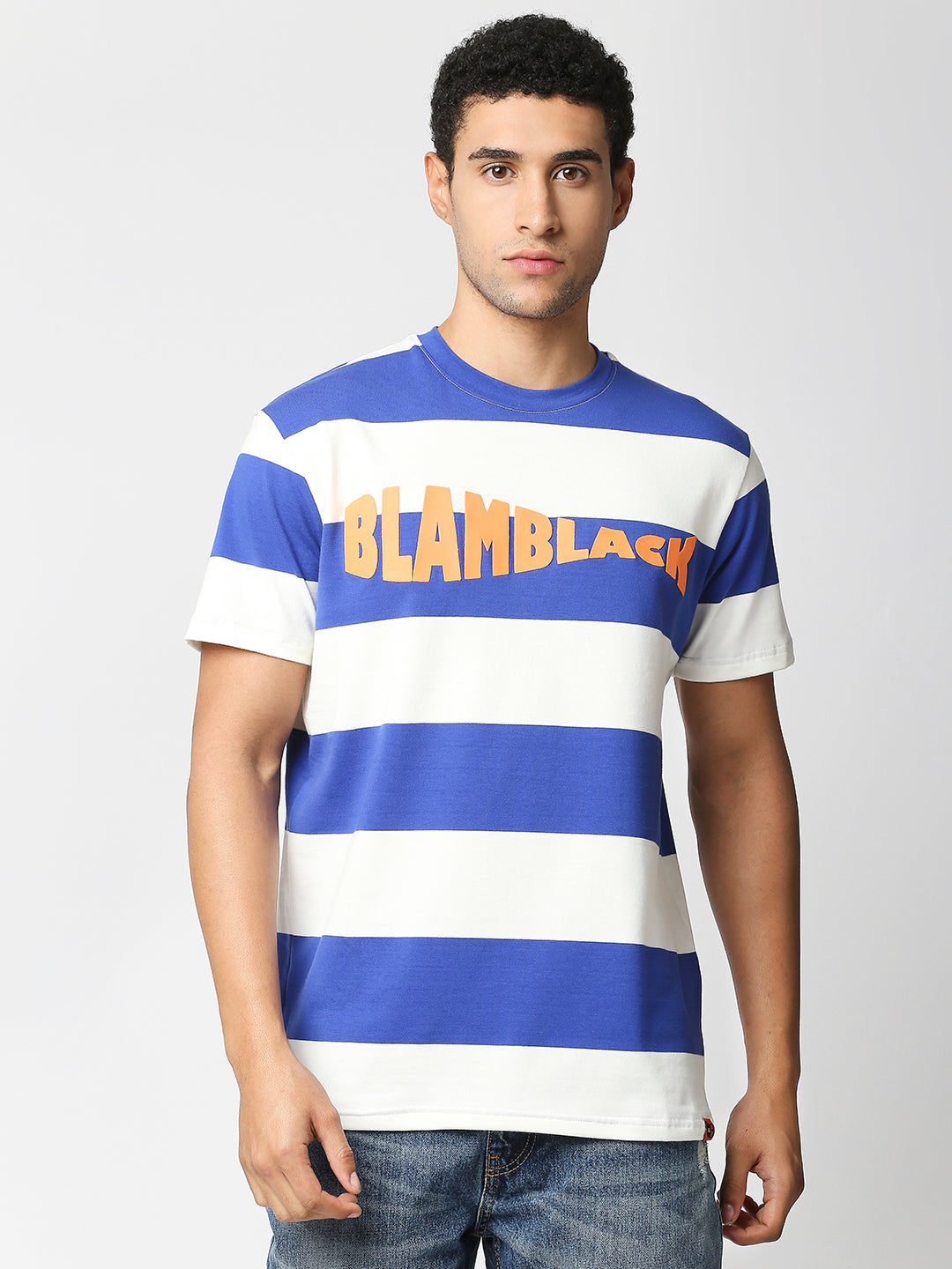 Buy Men's Regular Fit Blue and White Stripe Chest Print T-shirt