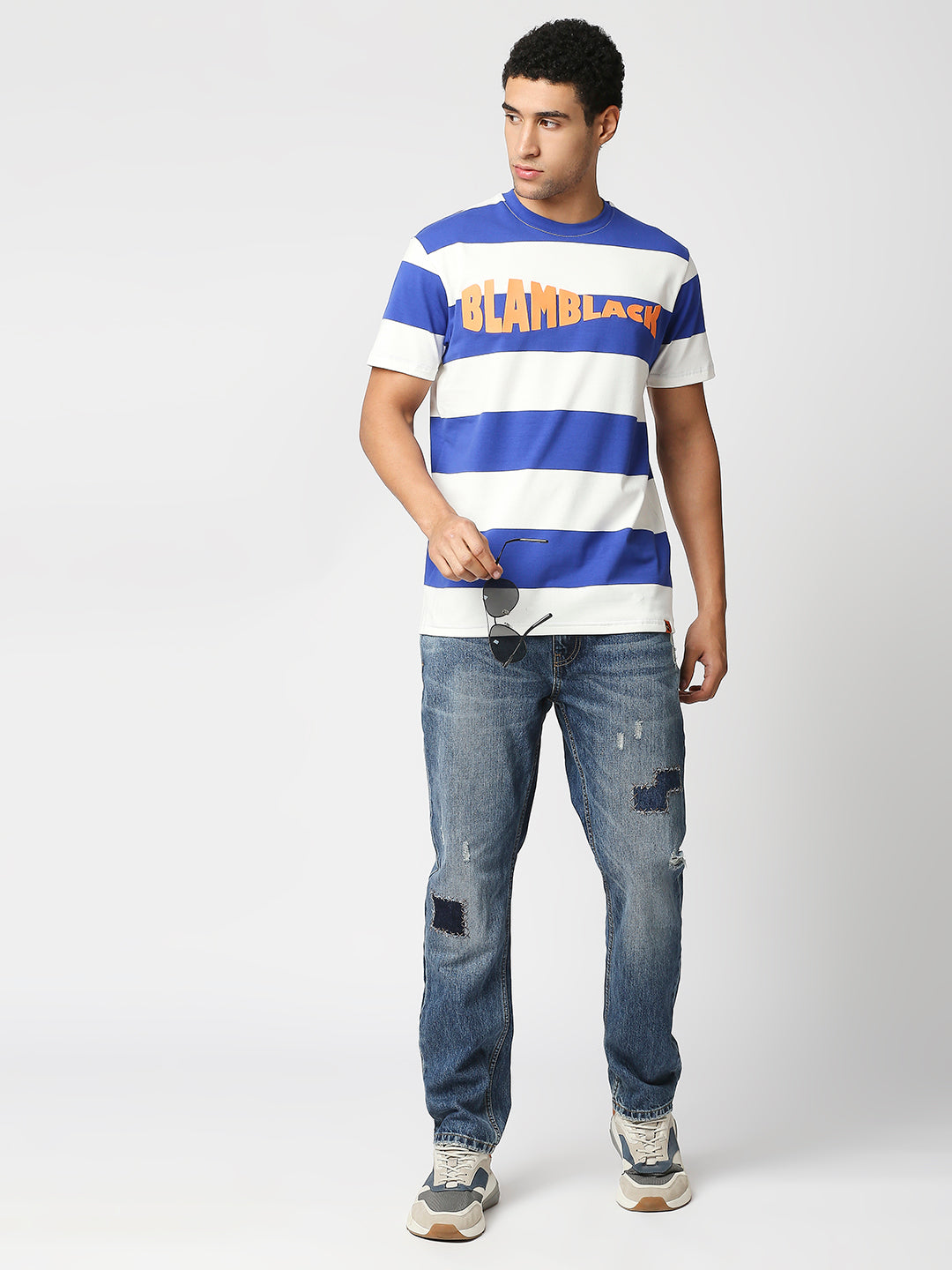 Buy Men's Regular Fit Blue and White Stripe Chest Print T-shirt