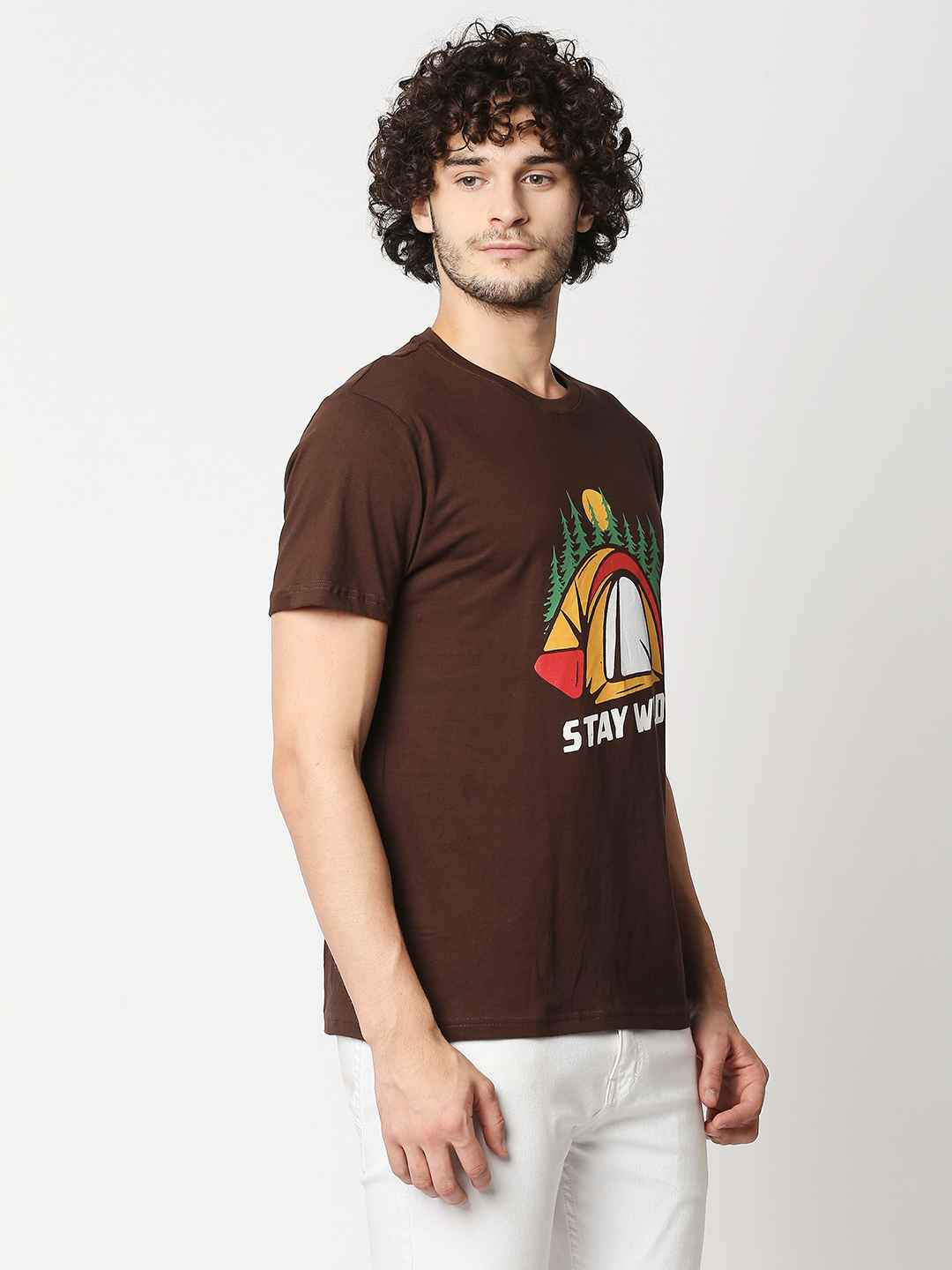 Buy Men Regular Fit Dark Brown Chest Print T-shirt