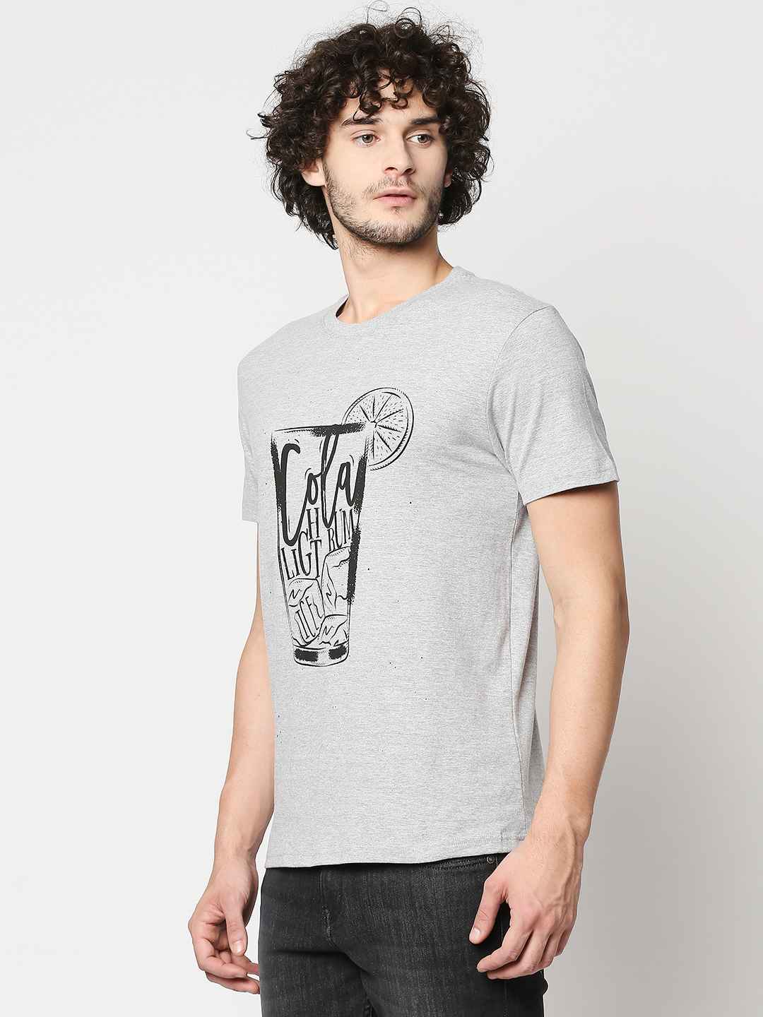Buy Men Regular Fit Grey Melange Chest Print T-shirt