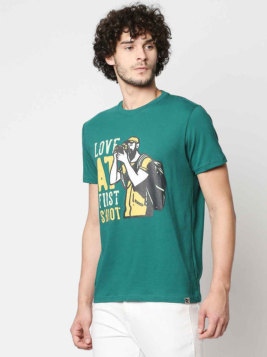 Buy Men's Regular Fit Green Chest Print T-shirt