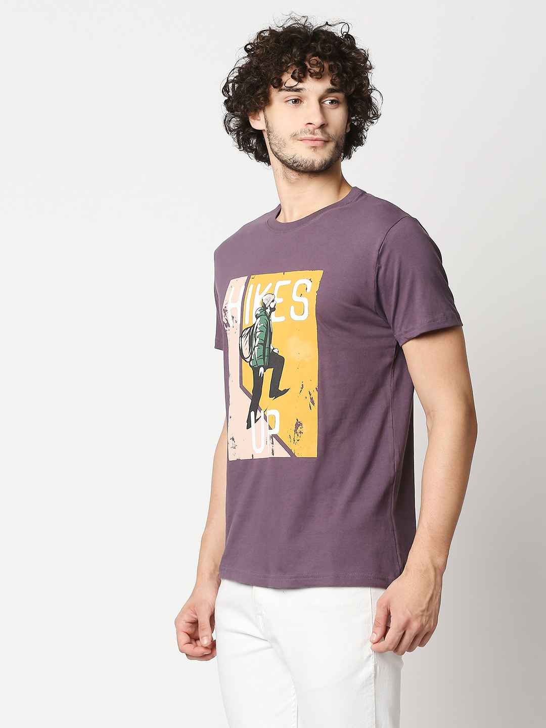 Buy Men Regular Fit Lavender Chest Print T-shirt