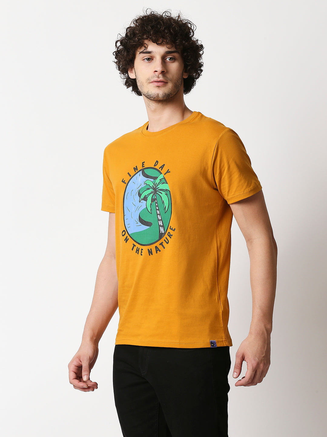 Buy BLAMBLACK Men Round neck Regular T-Shirt Yellow Color Printed Half sleeves