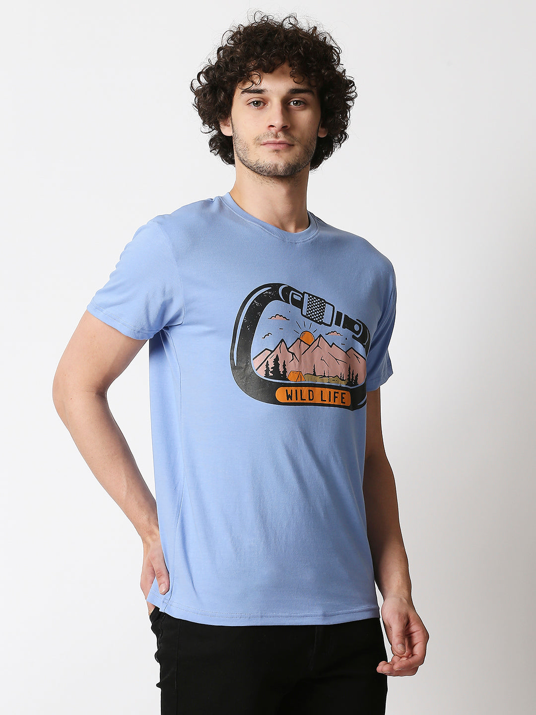 Buy Men's Powder Blue Regular fit chest print T-shirt