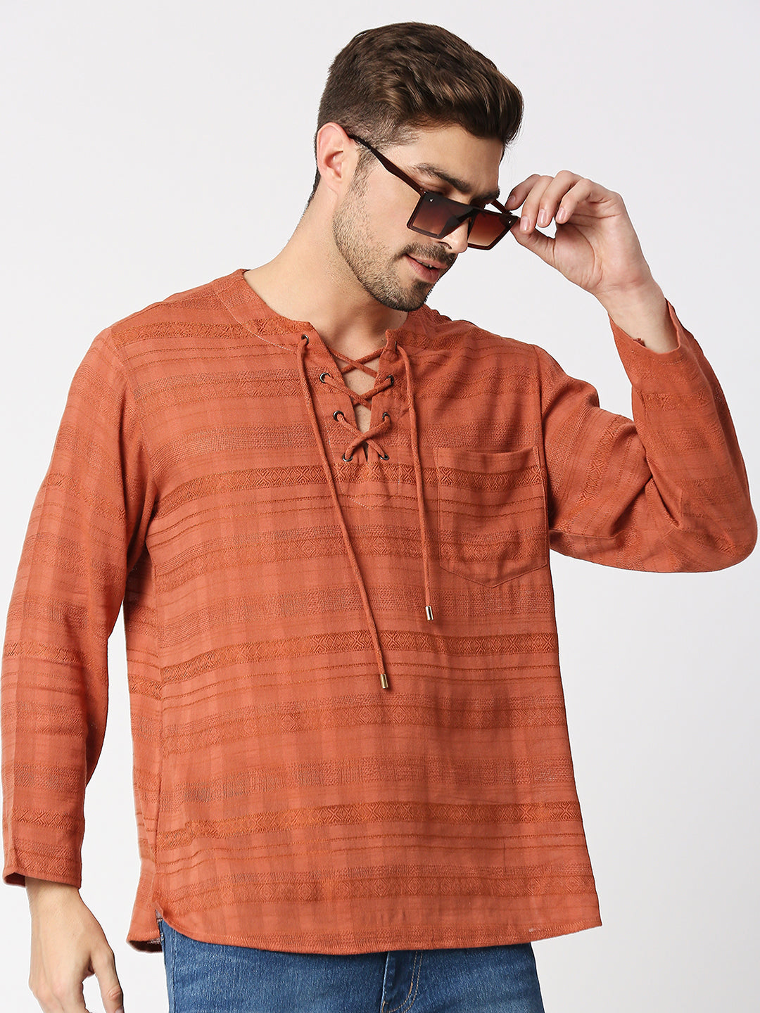 Buy BLAMBLACK Textured Full Sleeves Drawstring detail Round neck T-Shirt