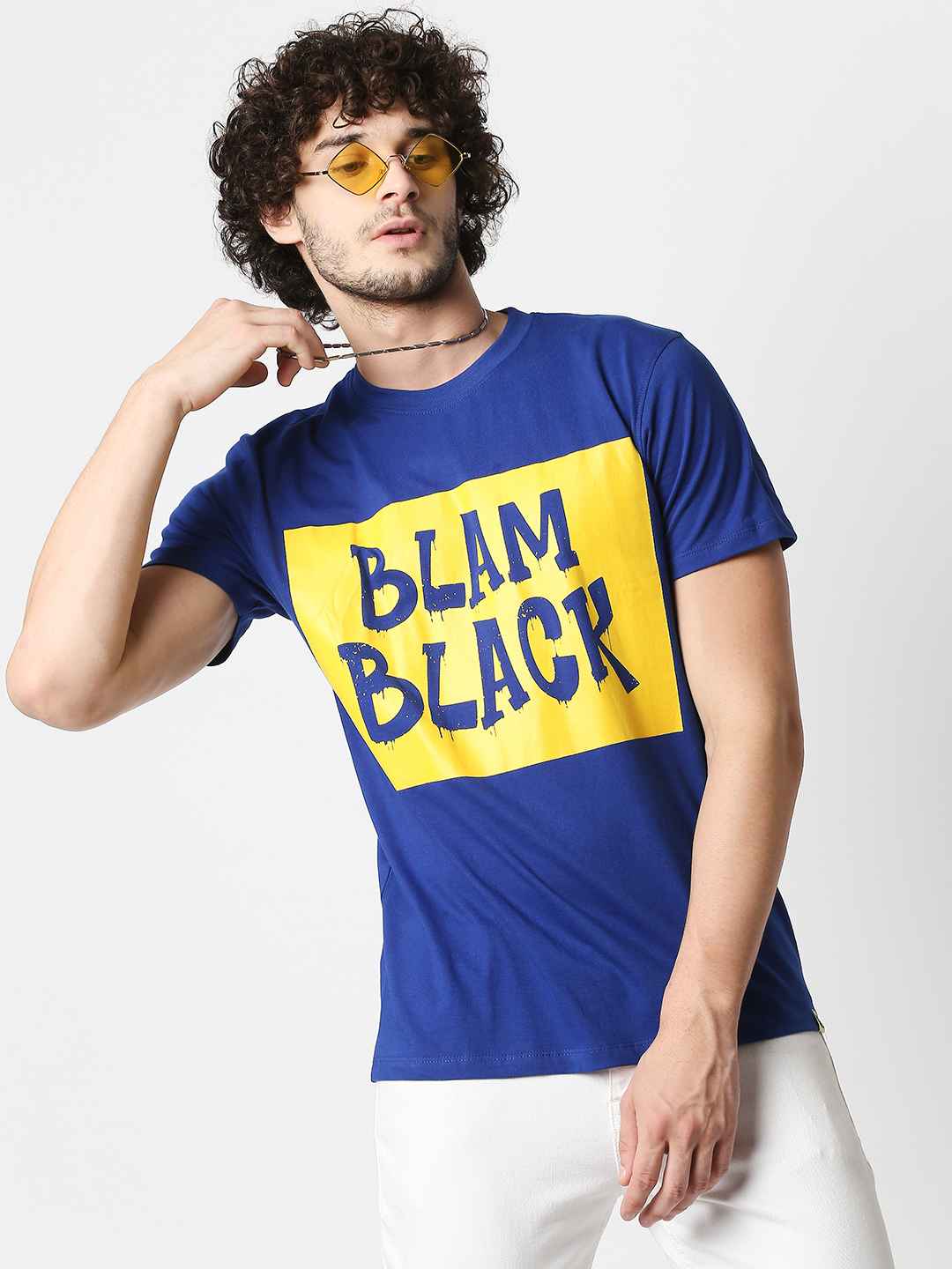 Buy Men Regular Fit Royal Blue Chest Print T-shirt