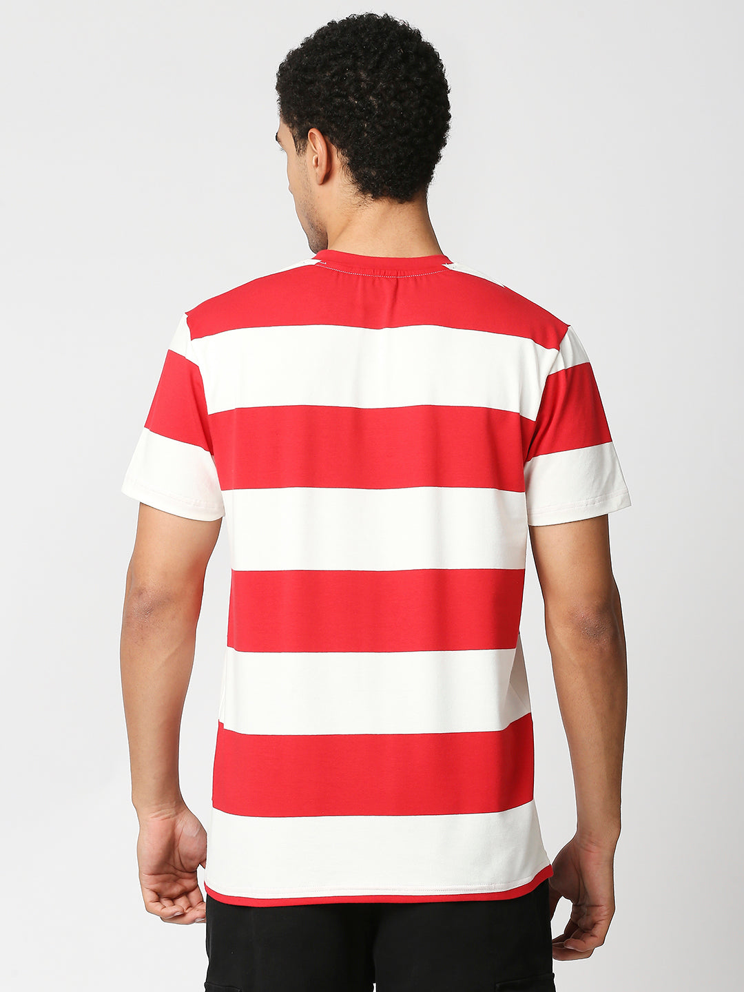 Buy Men's Regular Fit Red and White Stripe Chest Print T-shirt