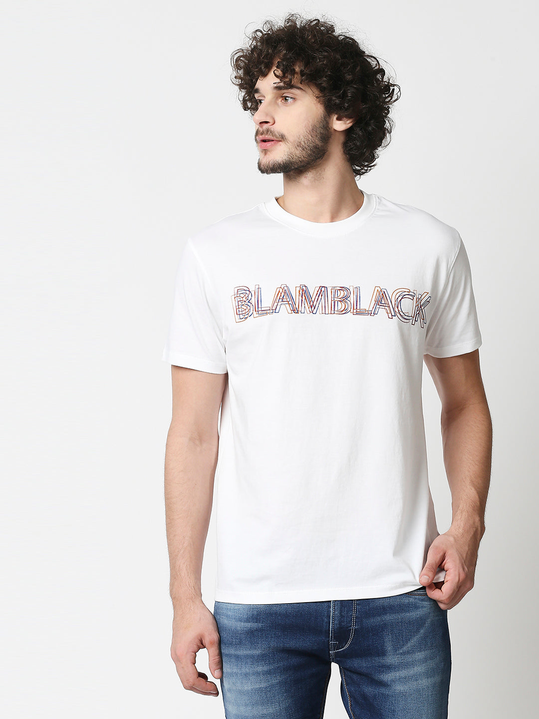 Buy Men's Regular fit White chest print T-shirt.
