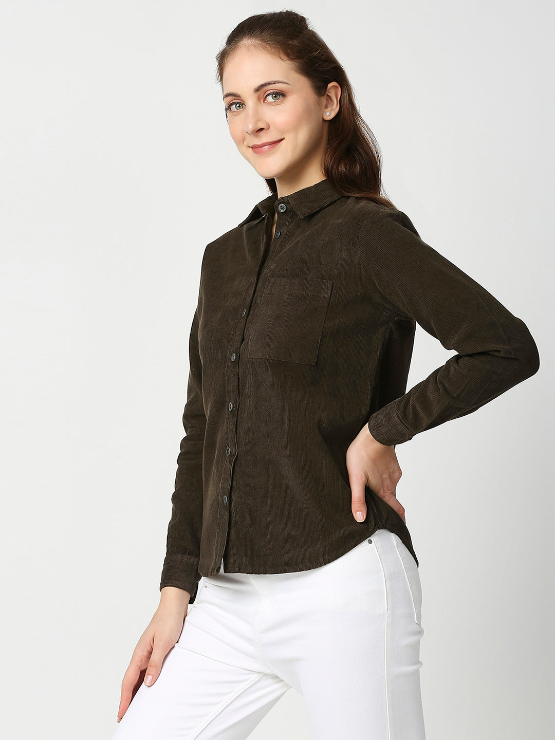 Buy Blamblack Women's Olive Color Full Sleeves Round Neck Shirt