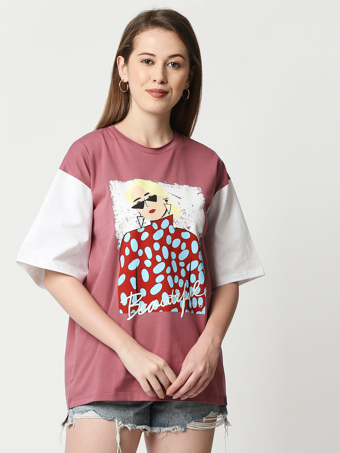Buy Women's Over Size Fit Front print Baggy T-Shirt Wine