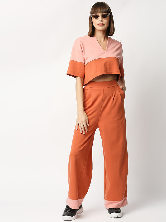 Buy BLAMBLACK Women V Neck Short Top Peach & Rust Color Solid Half sleeves