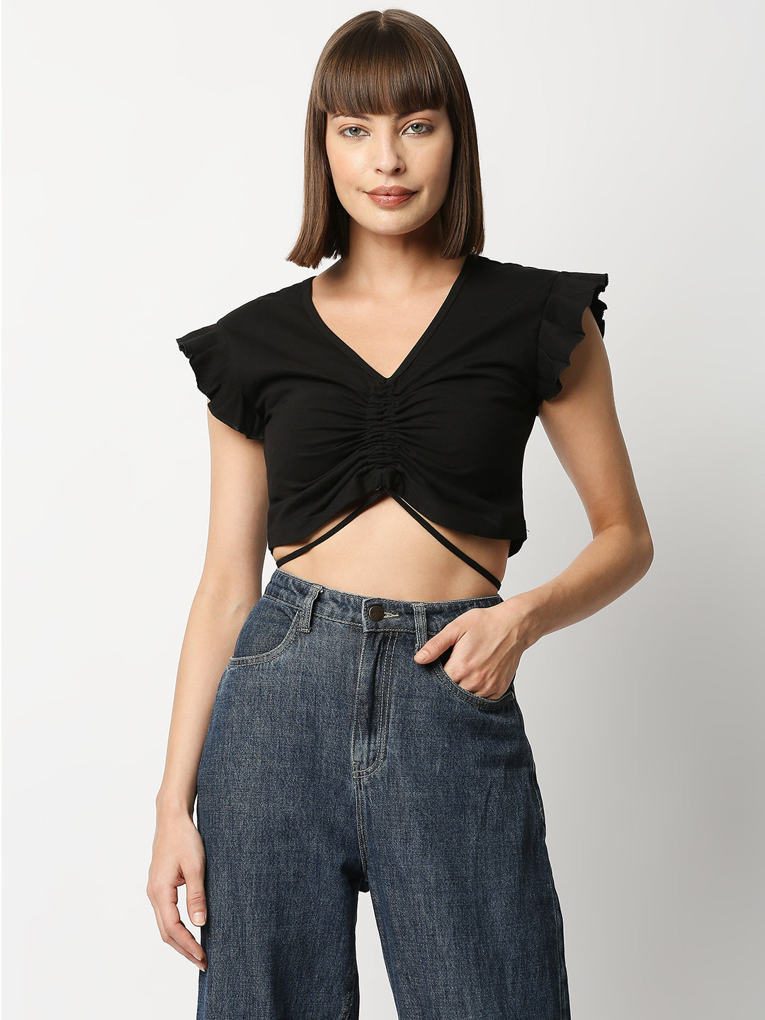 Buy BLAMBLACK Women V Neck Crop Top Black Color Solid Half sleeves