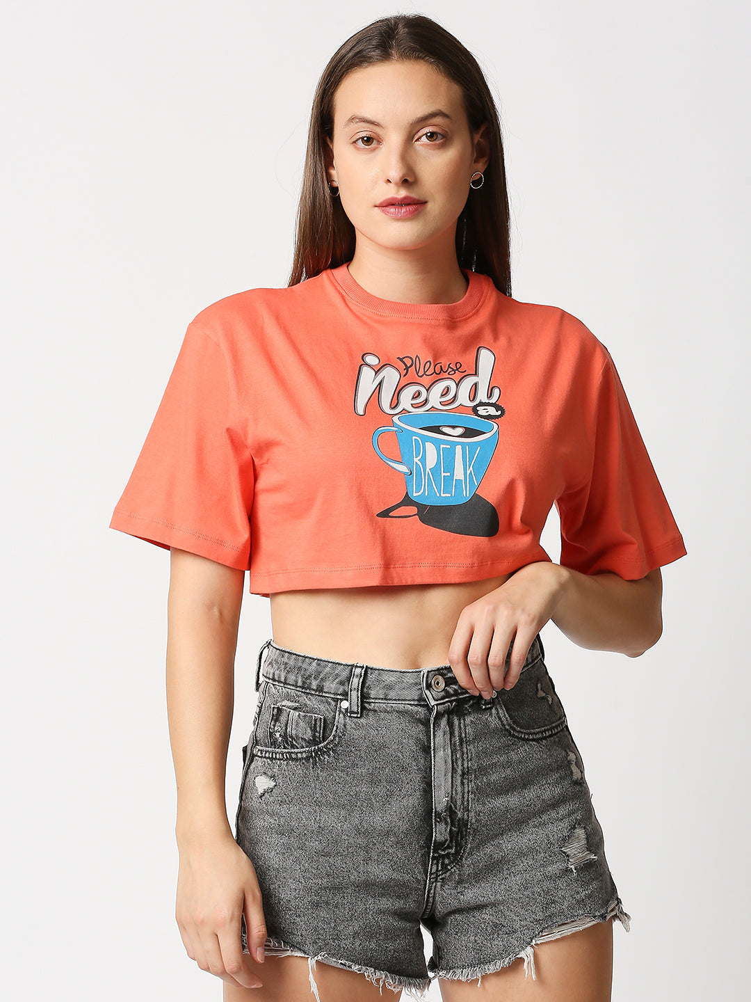 Buy Blamblack Women's Crop Chest print Coral T-shirt