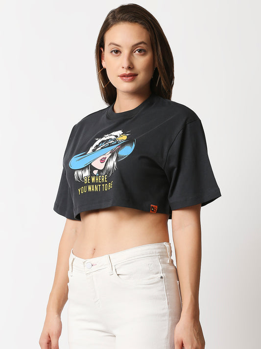 Buy Women's Crop Chest print Dark Grey T-shirt.