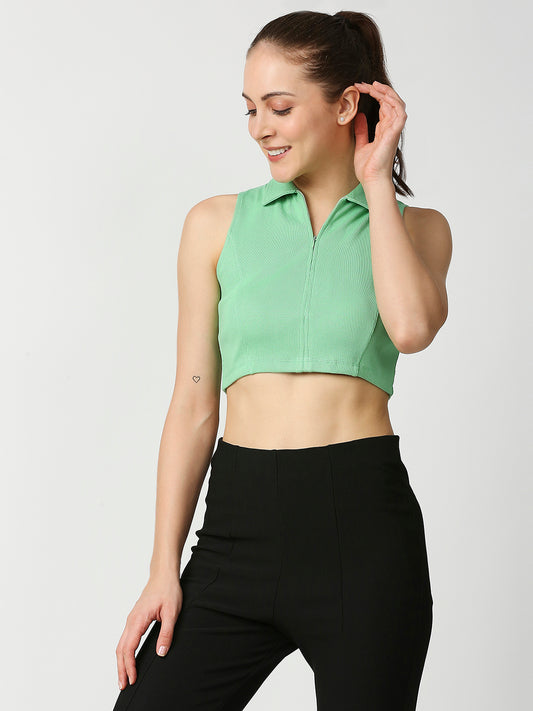 Buy Blamblack Women's Light Green Color Sleeveless Crop Top