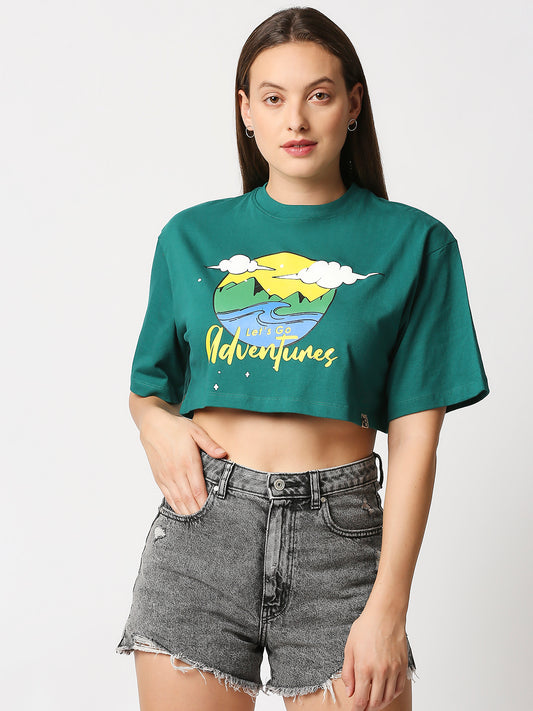 Buy Women's Crop Chest print Green T-shirt.