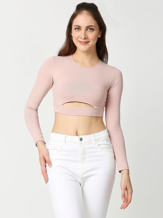 Buy Blamblack Women's Powder Pink Full Sleeves Crop Top