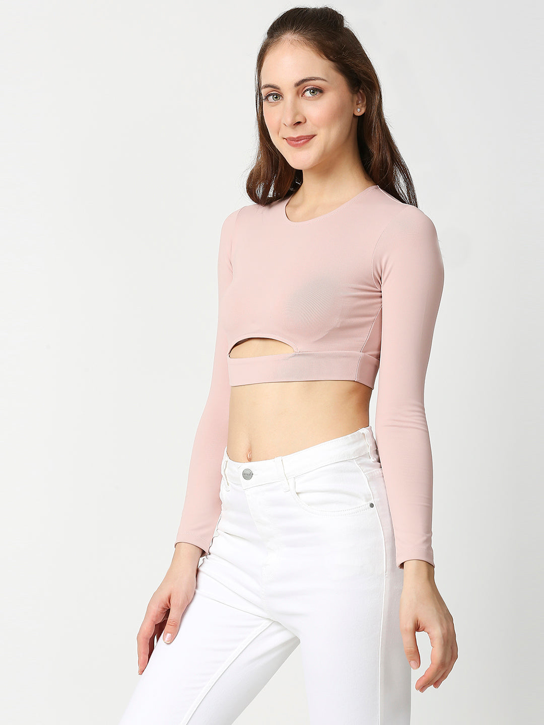 Buy Blamblack Women's Powder Pink Full Sleeves Crop Top