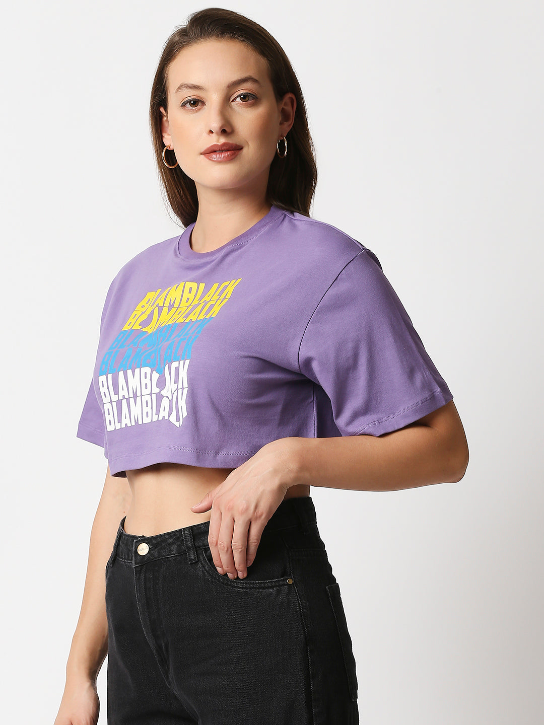 Buy Women's Crop Chest print Purple T-shirt.