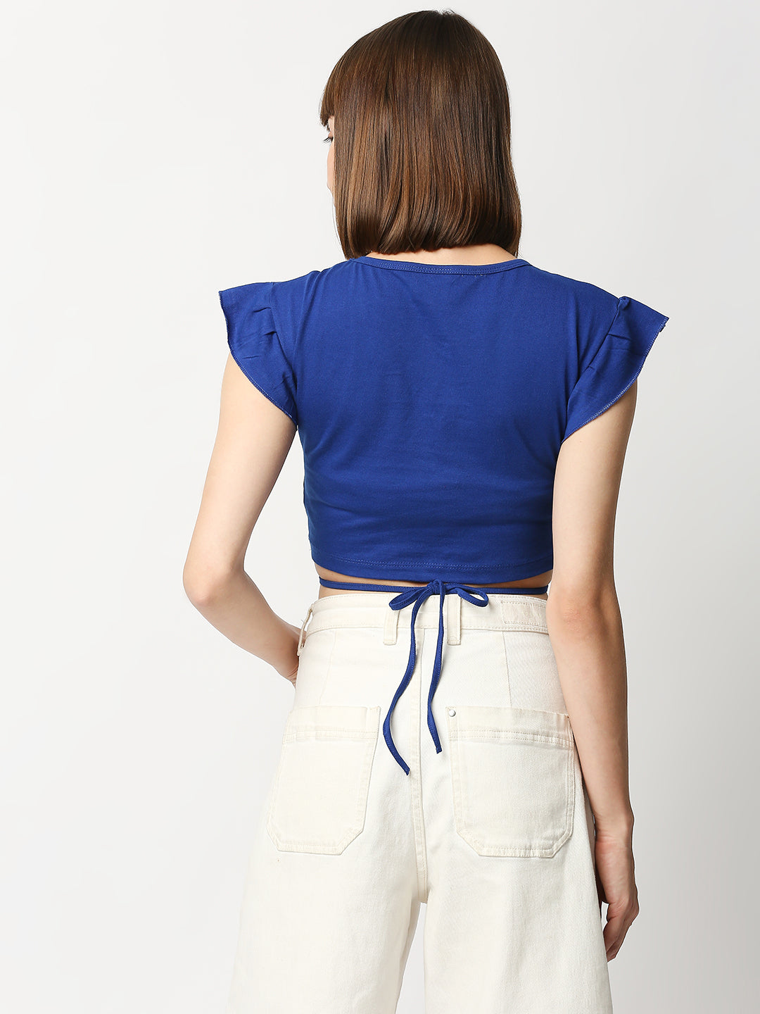 Buy BLAMBLACK Women V Neck Crop Top Royal Blue Color Solid Half sleeves