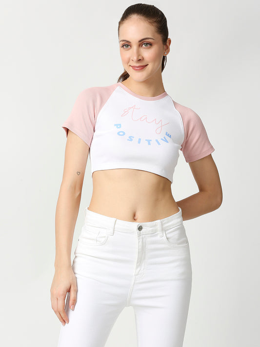 Buy Blamblack Women's White & Pink Color Half Sleeves Crop Top