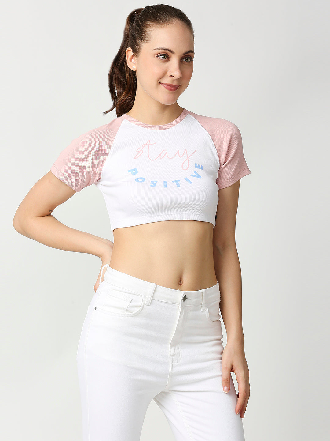 Buy Blamblack Women's White & Pink Color Half Sleeves Crop Top