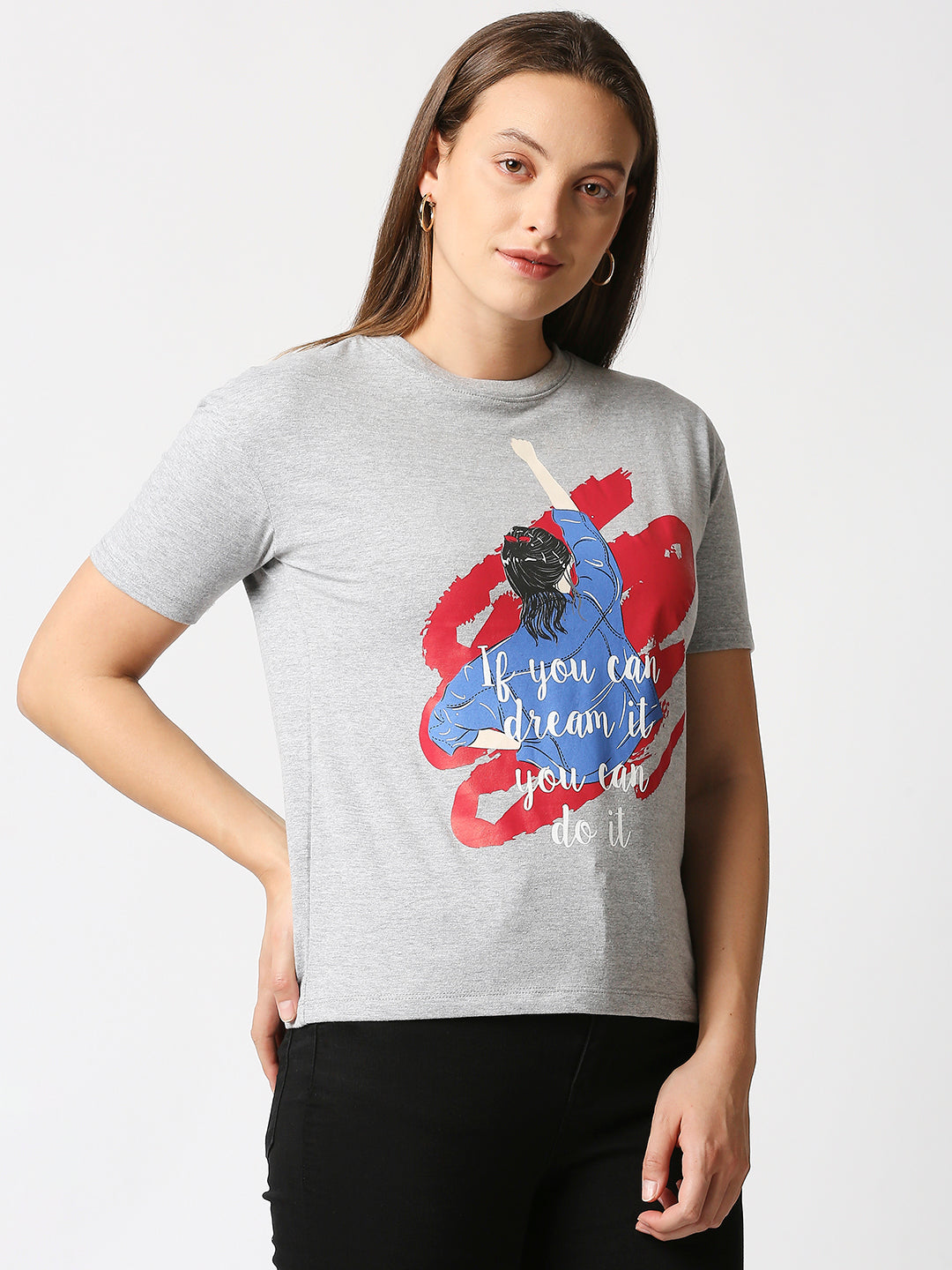 Buy Women's Grey Melange Comfort fit T-shirt with chest Print.