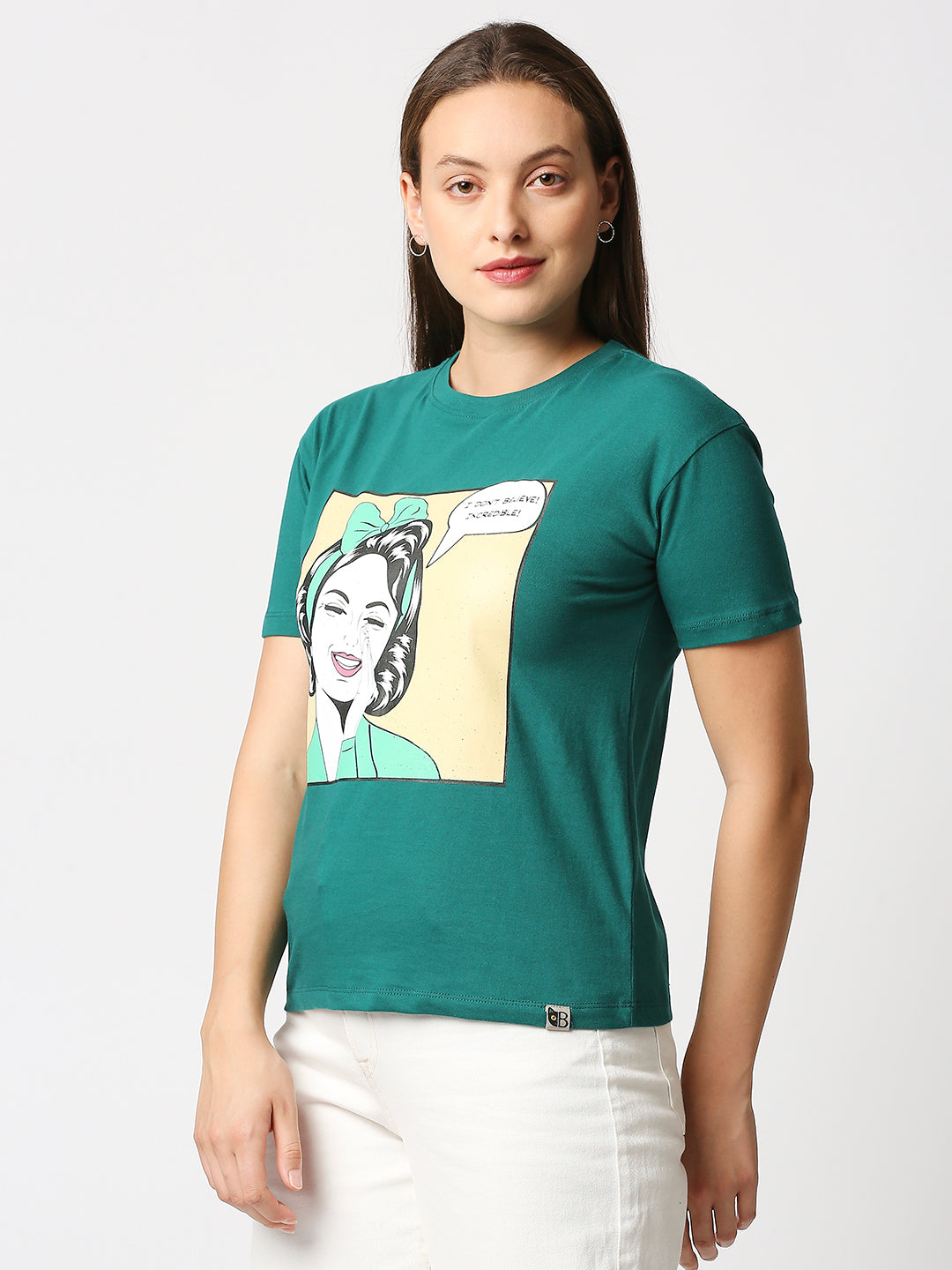 Buy Women's Green Comfort fit T-shirt with chest Print