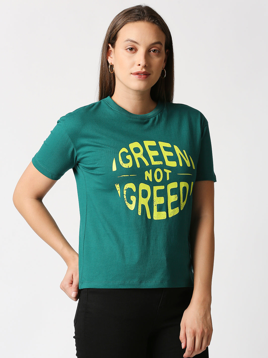 Buy Women's Green Comfort fit T-shirt with chest Print.